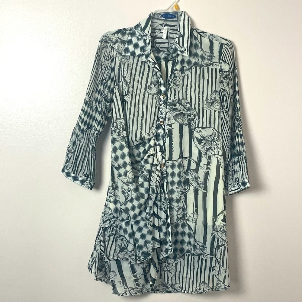 LINDI Asymmetrical Button-Down Shirt Ruffle Detail Black/White Size Medium